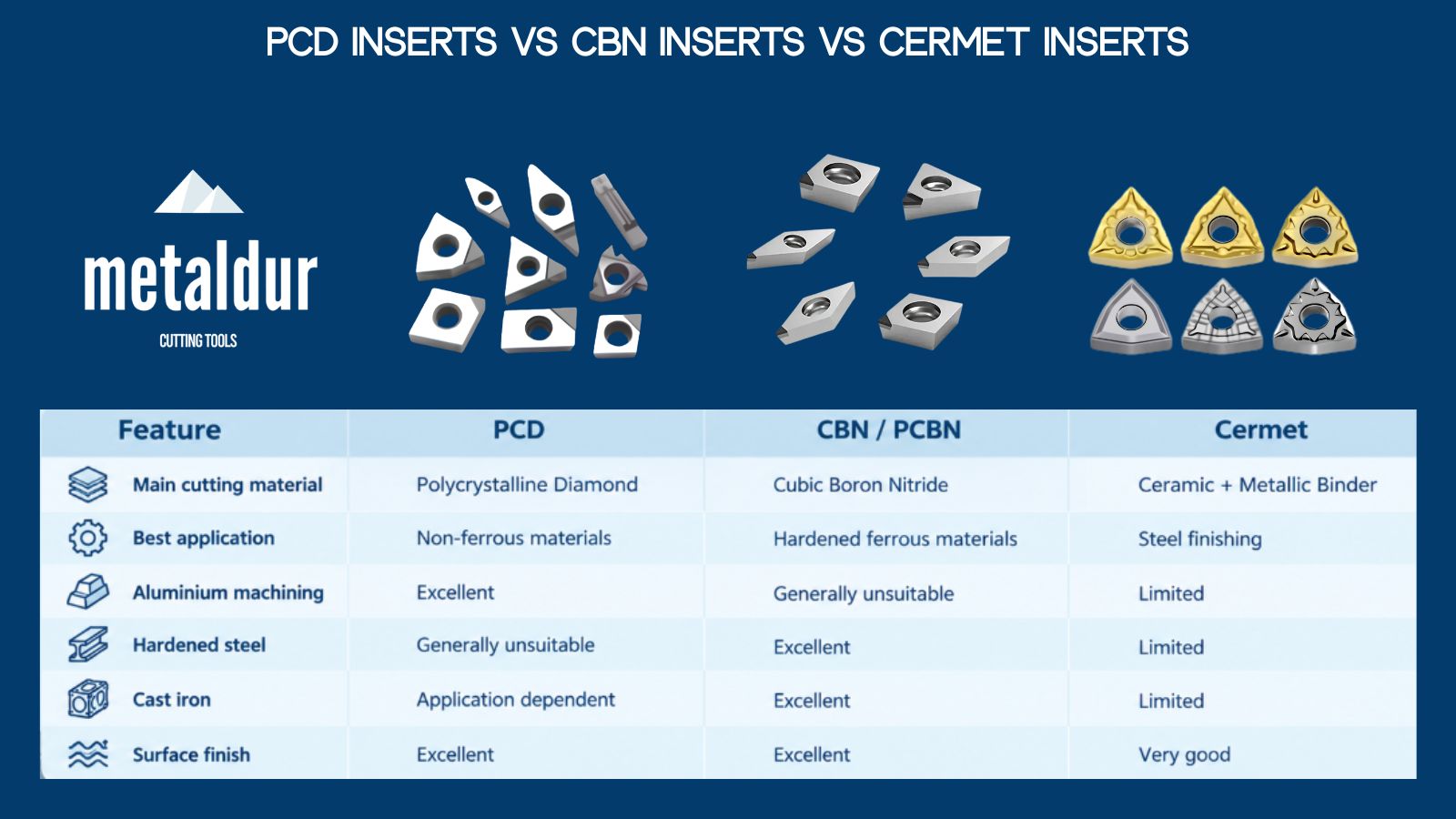 PCD Inserts vs CBN Inserts vs Cermet Inserts